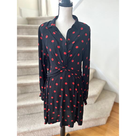 GANNI Black & Red Polka Dot Ruched Long Sleeve Mini Dress - Picture 2 of 8